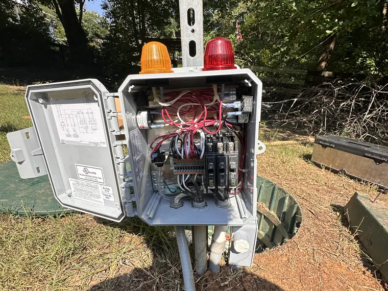 Septic pump and high-water alarm strobes wired at the tank in Talking Rock, GA