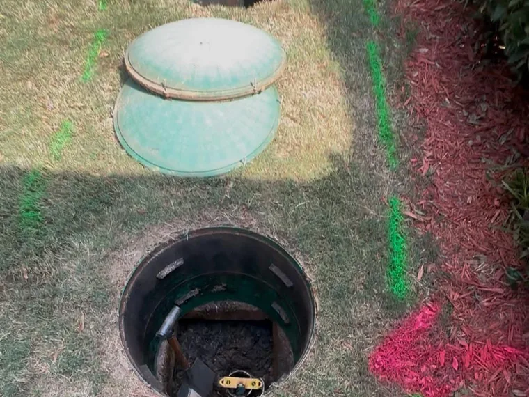 SepticRooter locating and marking a septic tank with utility paint during a real estate inspection